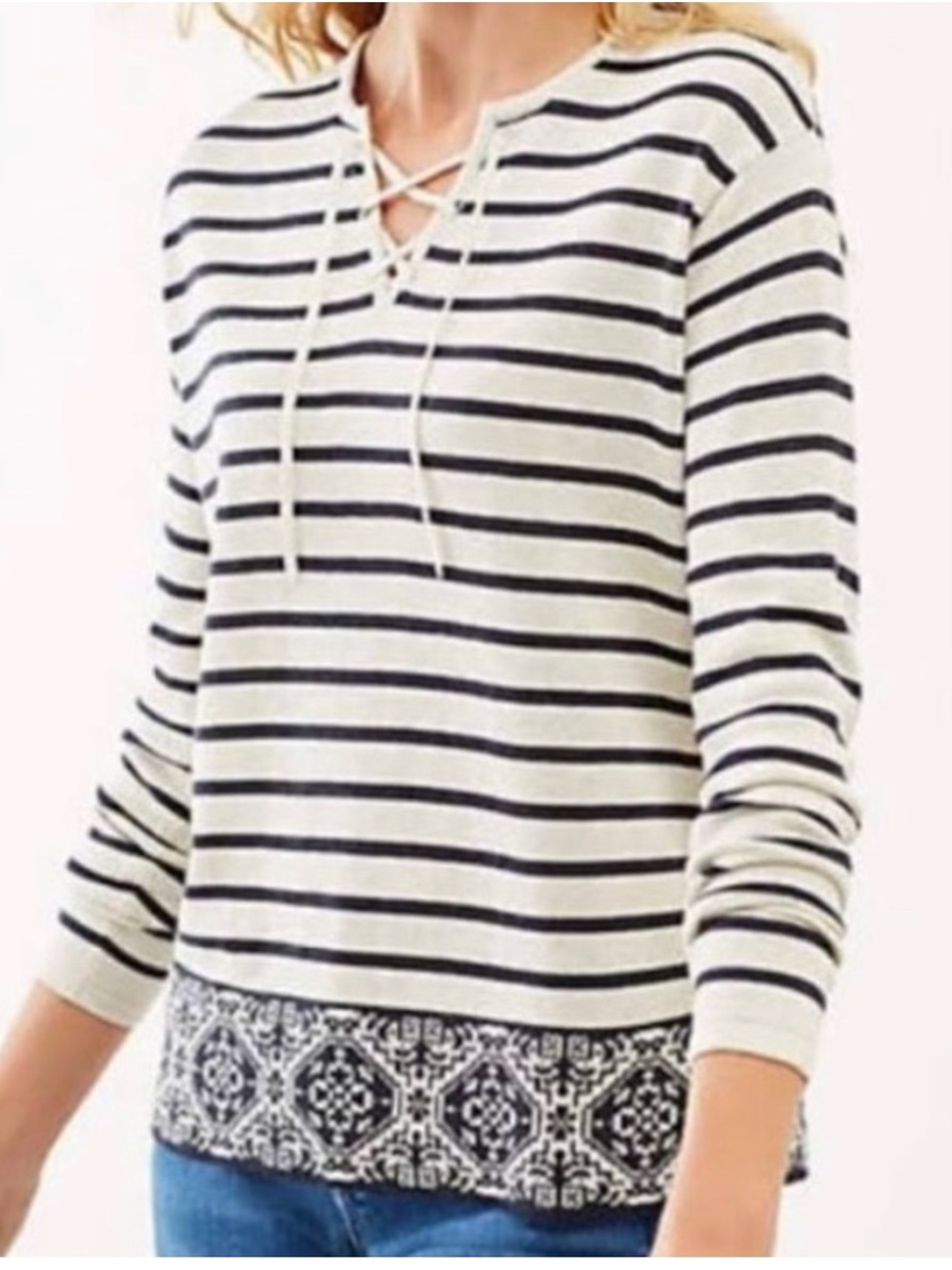 J JILL Long Sleeve Knit Sweater Black and Cream Striped keyhole neckline Sz XS